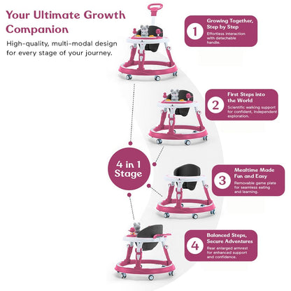 StarAndDaisy 360° Baby Walker 6-24 Months / 7 Level Height Adjustment Walker for Kids Boy and Girl with Intergrated RGB Lights, Switchable Food & Musical Toy Tray/Premium Baby Activity Walker with Parent Rod-Pink