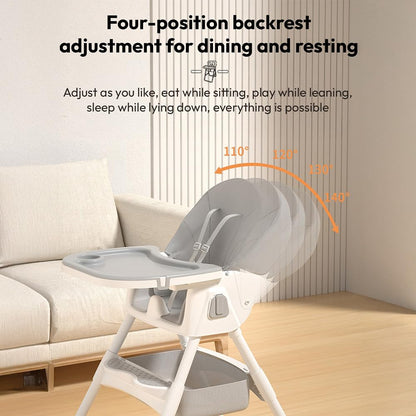 StarAndDaisy High Chair for Baby 6 Months to 5 Years/Adjustable Height Feeding Chair with 4 Reclining Seat Positions, Double Food Tray, Foldable Design & Wheels/High Chair for Baby - Grey