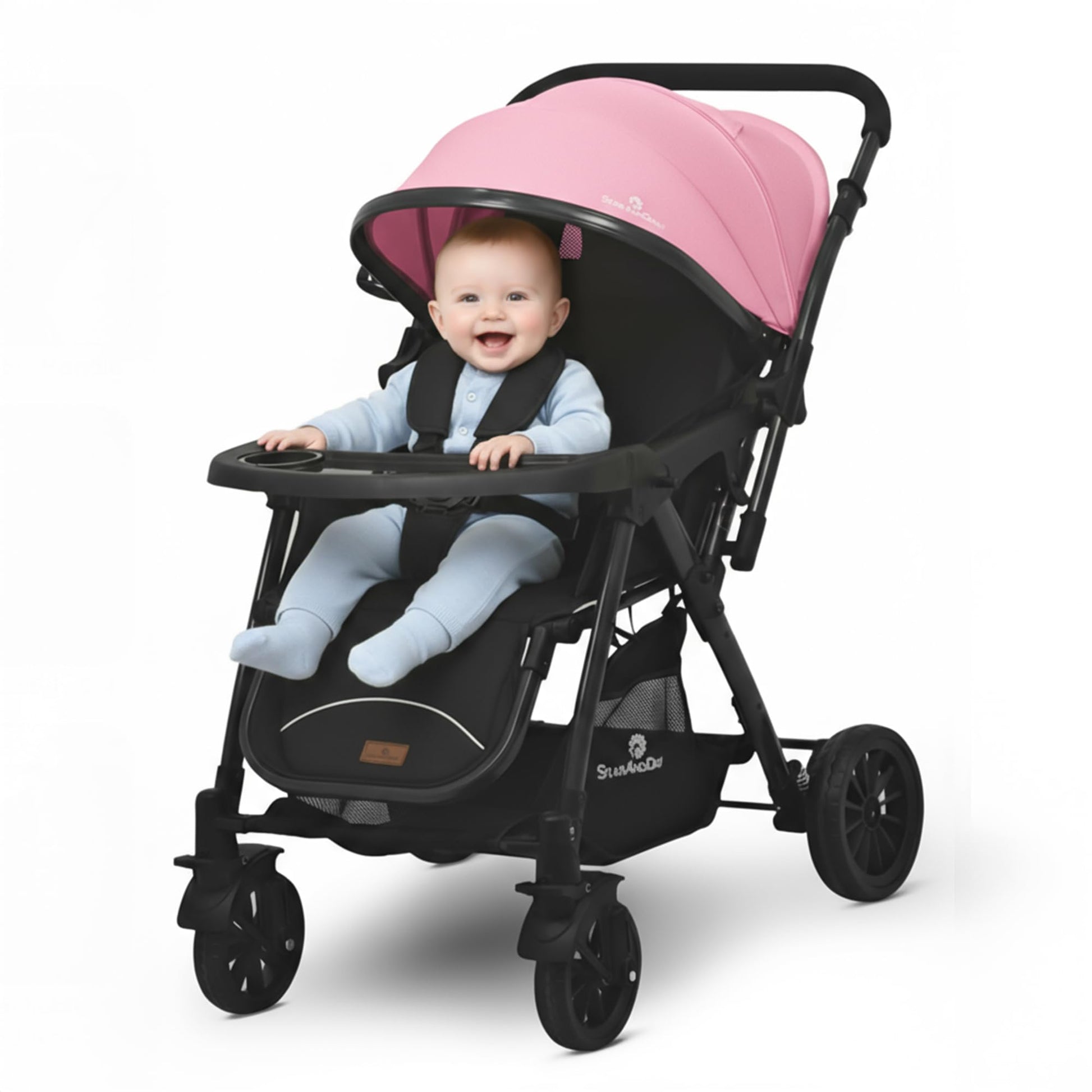 StarAndDaisy Foldable Baby Stroller for 0-3 Years Infant & Toddler / Travel Pram for Baby with Storage basket & Lockable Wheels, Multi-Level Recline & Adjustable Footrest, Removable Tray , Safety Harness Belt -Pink
