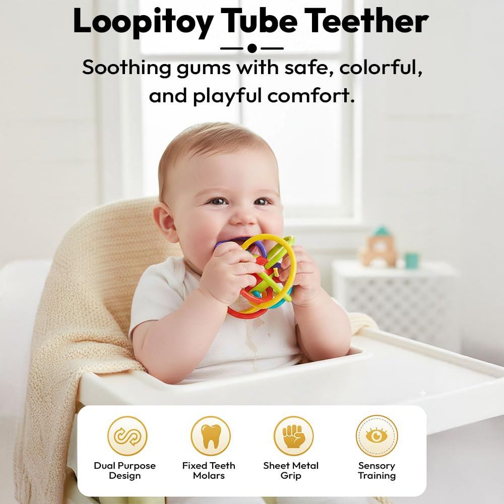 StarAndDaisy Baby Teether Tube Ball Loopi Toy and Rattle/Grab, Chew, and Shake Teething Rattle Toy/Plastic Center for Easy Cleaning and No Exposed Screws/Infant Safe for Plus 0 Months