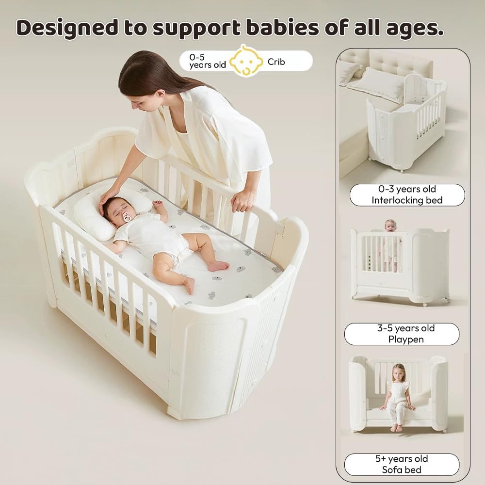 StarAndDaisy Baby Cot with Wheels / 100KG Heavy Duty PP Baby Crib/Waterproof & Termite Resistant/BPA-Free Newborn Baby Bed/Portable Infant Sleeping Cot -White