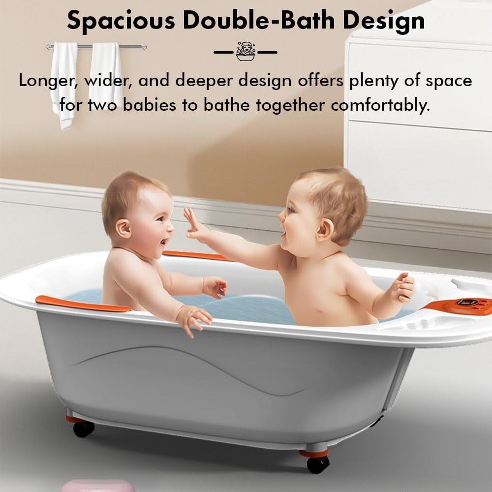 StarAndDaisy Baby Bath Tub for 0 to 5 Years/Bath Tub for Kid 0-3 Years/Infants Bathtub with Temperature Censor & Baby Bath Sling/seat, Antislip Baby Bath tub with Bath Chair (White-Orange)