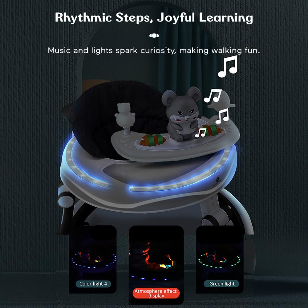 StarAndDaisy 360° Baby Walker 6-24 Months / 7 Level Height Adjustment Walker for Kids Boy and Girl with Intergrated RGB Lights, Switchable Food & Musical Toy Tray/Premium Baby Activity Walker with Parent Rod-Black