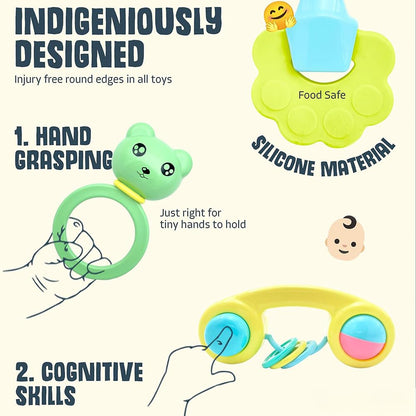 StarAndDaisy 6 Pcs Baby Rattle Gift Set & Teether Set | Safe, Non-Toxic Toys for Newborns 0+ Months | Colorful Soft Sound Rattles | Ideal for Baby Gift.