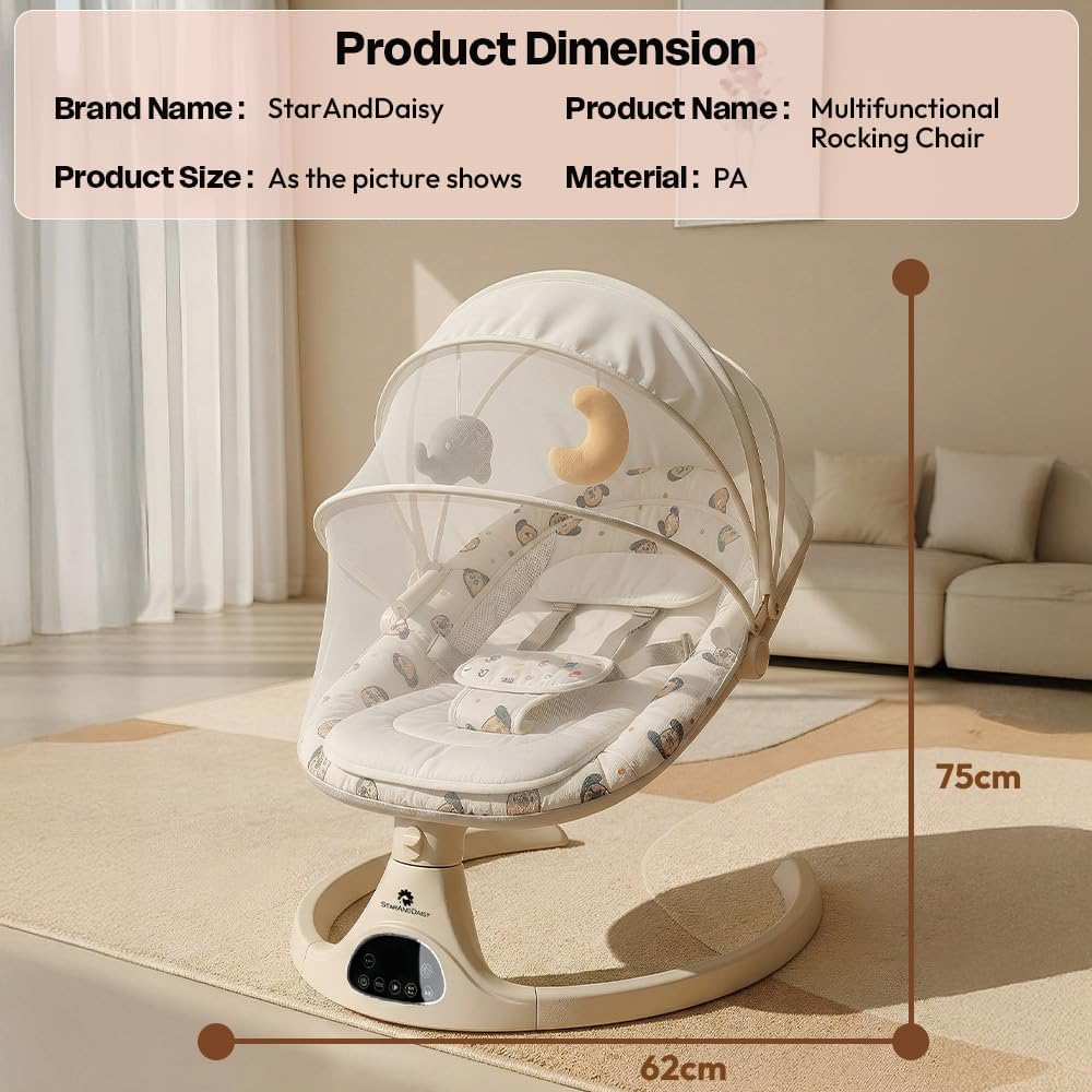 StarAndDaisy baby rockers for 0 to 2 years, Baby Multi functional rocker for babies, Infants & Toddler with mattress, 5-level Automatic Swing & Bouncer/ cradle with touch panel & hanging toys (601-Beige)