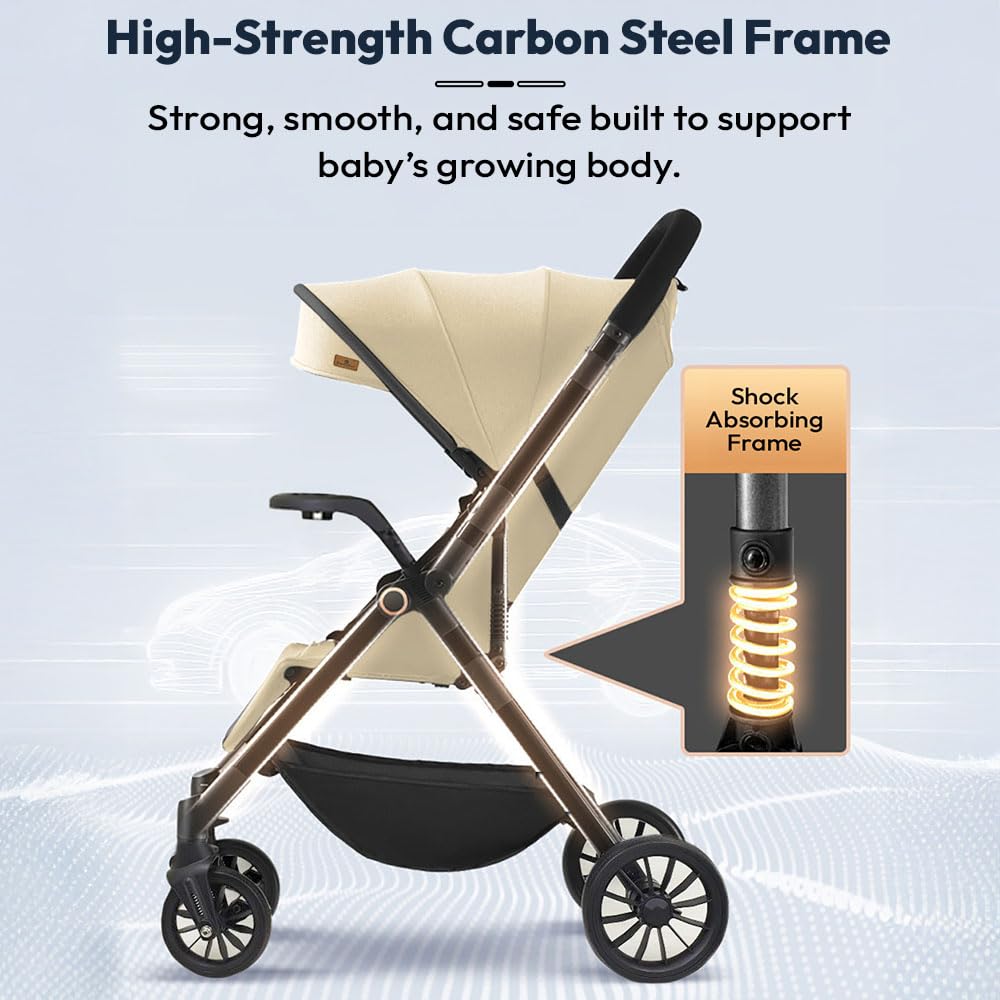 StarAndDaisy Stroller for Baby Boy Girl 0 to 5 Years/Foldable Baby Stroller Light Weight with Multi-Level Seat Recline, 5 Point Safety Belt, Pram for Kids- Khaki