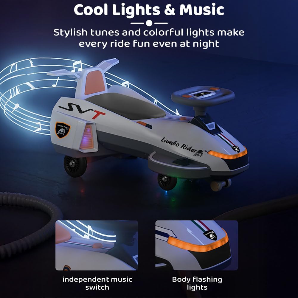 StarAndDaisy Baby Magic/Swing Car for Kids Toys for 2-5 Years boy, with Acceleration Pedal & Rechargeable Battery, LED Light & Music,Twister car/Ride-onwith Smoke & Backrest seat -White