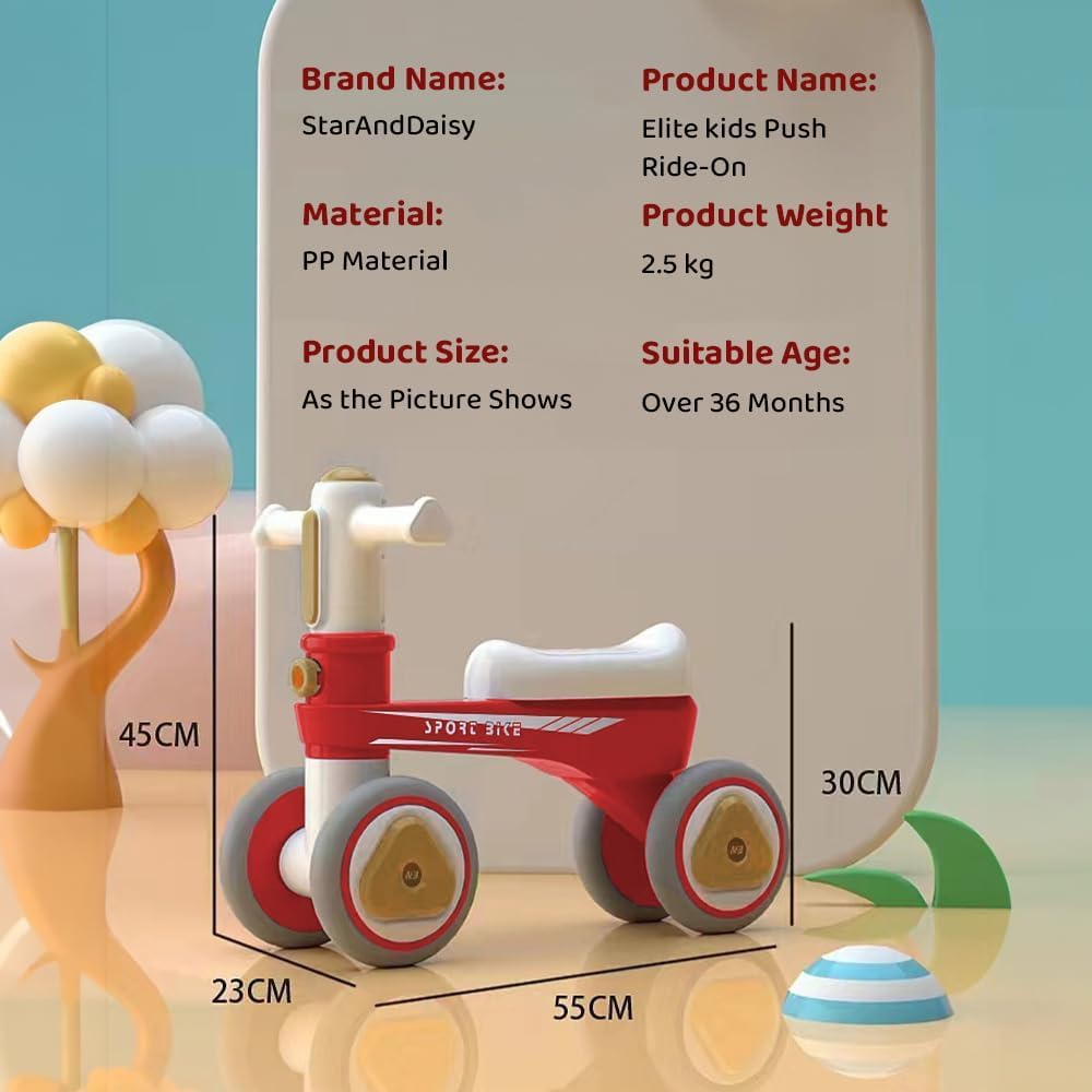 StarAndDaisy Balance Bike/Push Ride on for Kids/Toddler with 4 Smooth Wheels, Music & Lights/Mini Bike for Kids (Red)