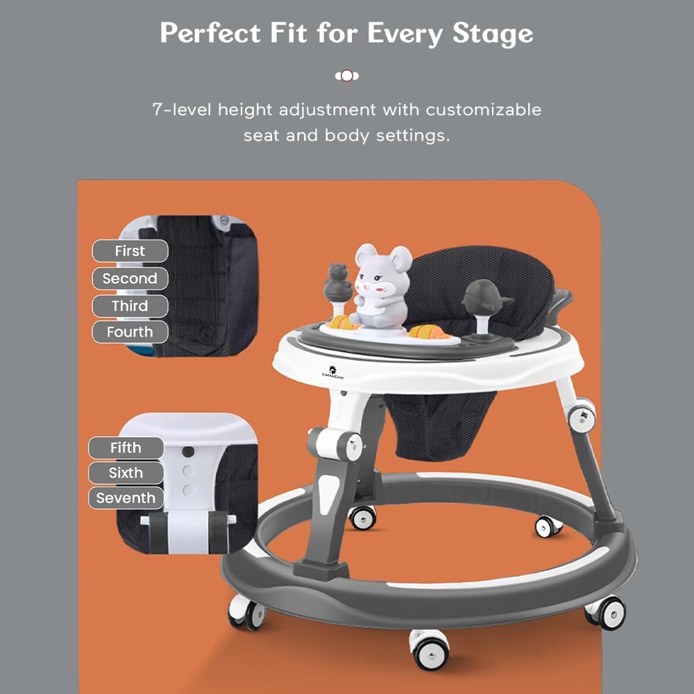 StarAndDaisy 360° Baby Walker 6-24 Months / 7 Level Height Adjustment Walker for Kids Boy and Girl with Intergrated RGB Lights, Switchable Food & Musical Toy Tray/Premium Baby Activity Walker with Parent Rod-Grey
