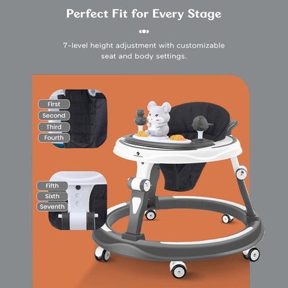 StarAndDaisy 360° Baby Walker 6-24 Months / 7 Level Height Adjustment Walker for Kids Boy and Girl with Intergrated RGB Lights, Switchable Food & Musical Toy Tray/Premium Baby Activity Walker with Parent Rod-Grey