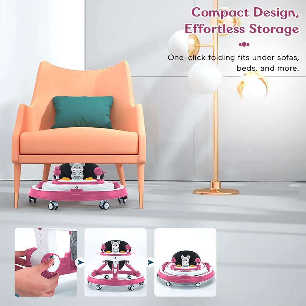 StarAndDaisy 360° Baby Walker 6-24 Months / 7 Level Height Adjustment Walker for Kids Boy and Girl with Intergrated RGB Lights, Switchable Food & Musical Toy Tray/Premium Baby Activity Walker with Parent Rod-Pink