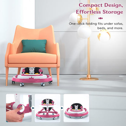 StarAndDaisy 360° Baby Walker 6-24 Months / 7 Level Height Adjustment Walker for Kids Boy and Girl with Intergrated RGB Lights, Switchable Food & Musical Toy Tray/Premium Baby Activity Walker with Parent Rod-Pink