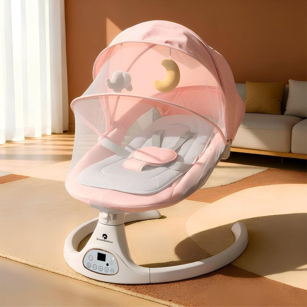 StarAndDaisy baby rockers for 0 to 2 years, Baby Multi functional rocker for babies, Infants & Toddler with mattress, 5-level Automatic Swing & Bouncer/ cradle with touch panel & hanging toys (601-Pink)