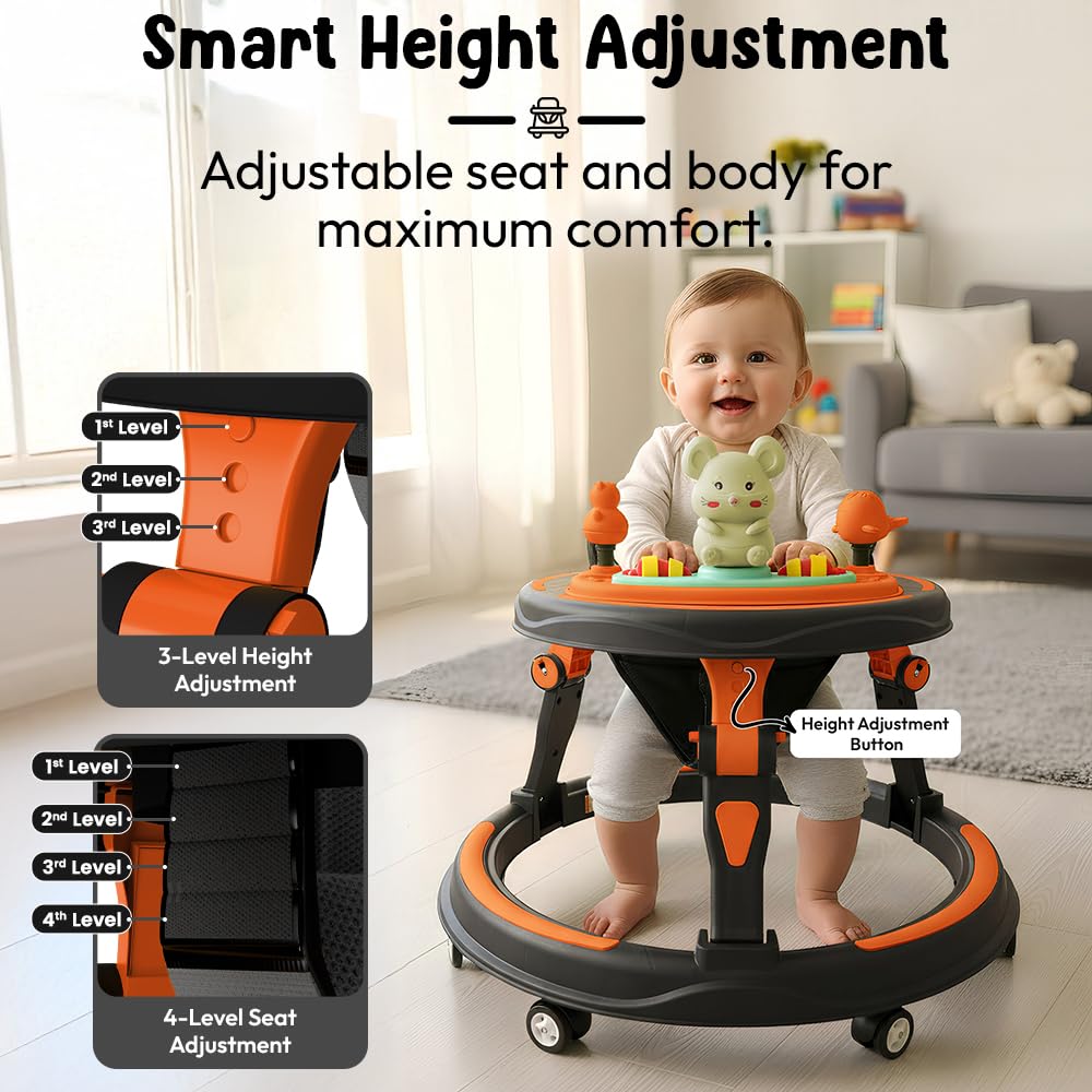 StarAndDaisy Baby Walkers for 9+, 6-24 Month Baby boy & Girl 360° Walker for Kids for 6-24 Months with 7 Level Height Adjustment, Baby Walker with Switchable Food & Musical Toy Tray -Orange Black