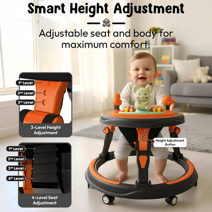 StarAndDaisy Baby Walkers for 9+, 6-24 Month Baby boy & Girl 360° Walker for Kids for 6-24 Months with 7 Level Height Adjustment, Baby Walker with Switchable Food & Musical Toy Tray -Orange Black