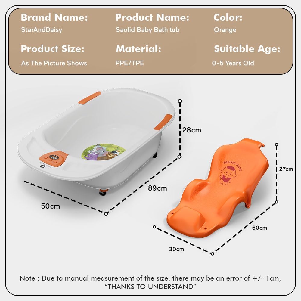 StarAndDaisy Baby Bath Tub for 0 to 5 Years/Bath Tub for Kid 0-3 Years/Infants Bathtub with Temperature Censor & Baby Bath Sling/seat, Antislip Baby Bath tub with Bath Chair (White-Orange)