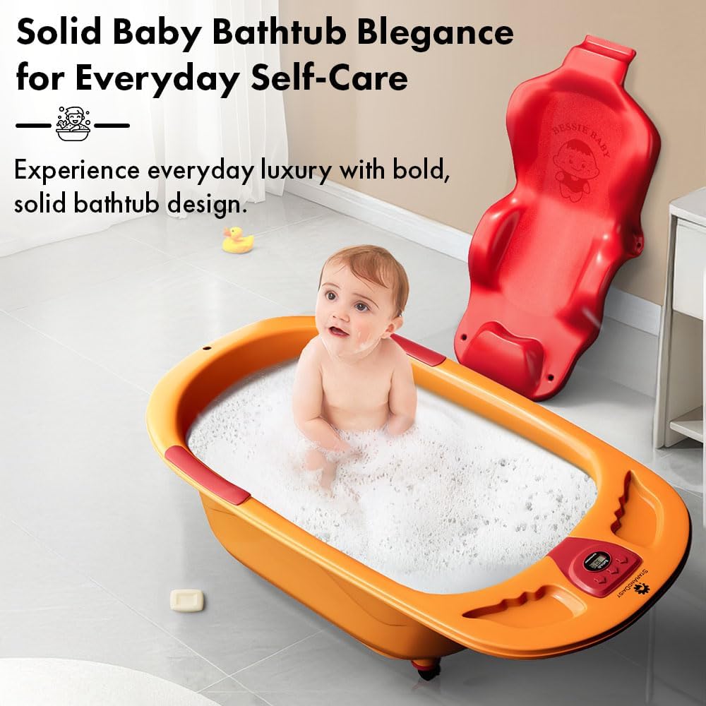 StarAndDaisy Baby Bath Tub for 0 to 5 Years/Bath Tub for Kids 0-3 Years/Infants Bathtub with Temperature Censor & Baby Bath Seat/Sling, Antislip Baby Bath Tub with Bath Chair (Orange & Red)