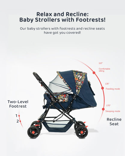 StarAndDaisy Sunrise Baby Stroller Lightweight Foldable Stroller for 0-5 Years, 3-Point Safety Harness, Adjustable Backrest, 360° Swivel Wheel, Extended Mosquito Net, Reversible Handlebar, Large Storage Basket(Delta)