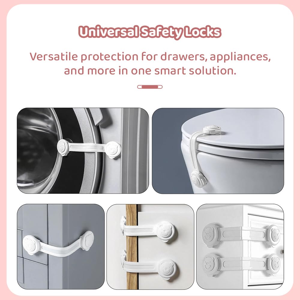 StarAndDaisy Baby Proofing Safety Locks, Adjustable Furniture Locks For Drawers, Fridge, Cupboards, Easy Install & Remove With Adhesive Pasting (Small, 6),White