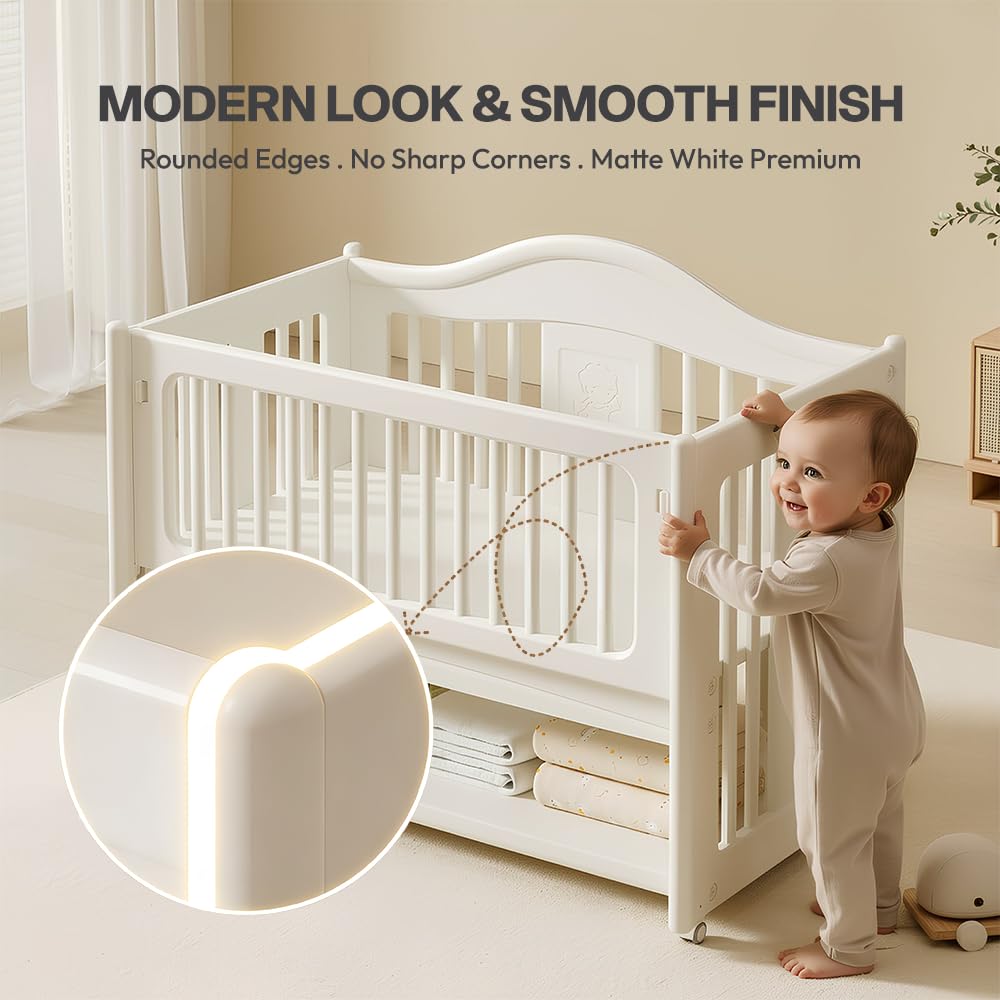 StarAndDaisy Baby Cot with Wheels / 150KG Heavy Duty PP Baby Crib/Waterproof & Termite Resistant/BPA-Free Newborn Baby Bed/Portable Infant Sleeping Cot -White