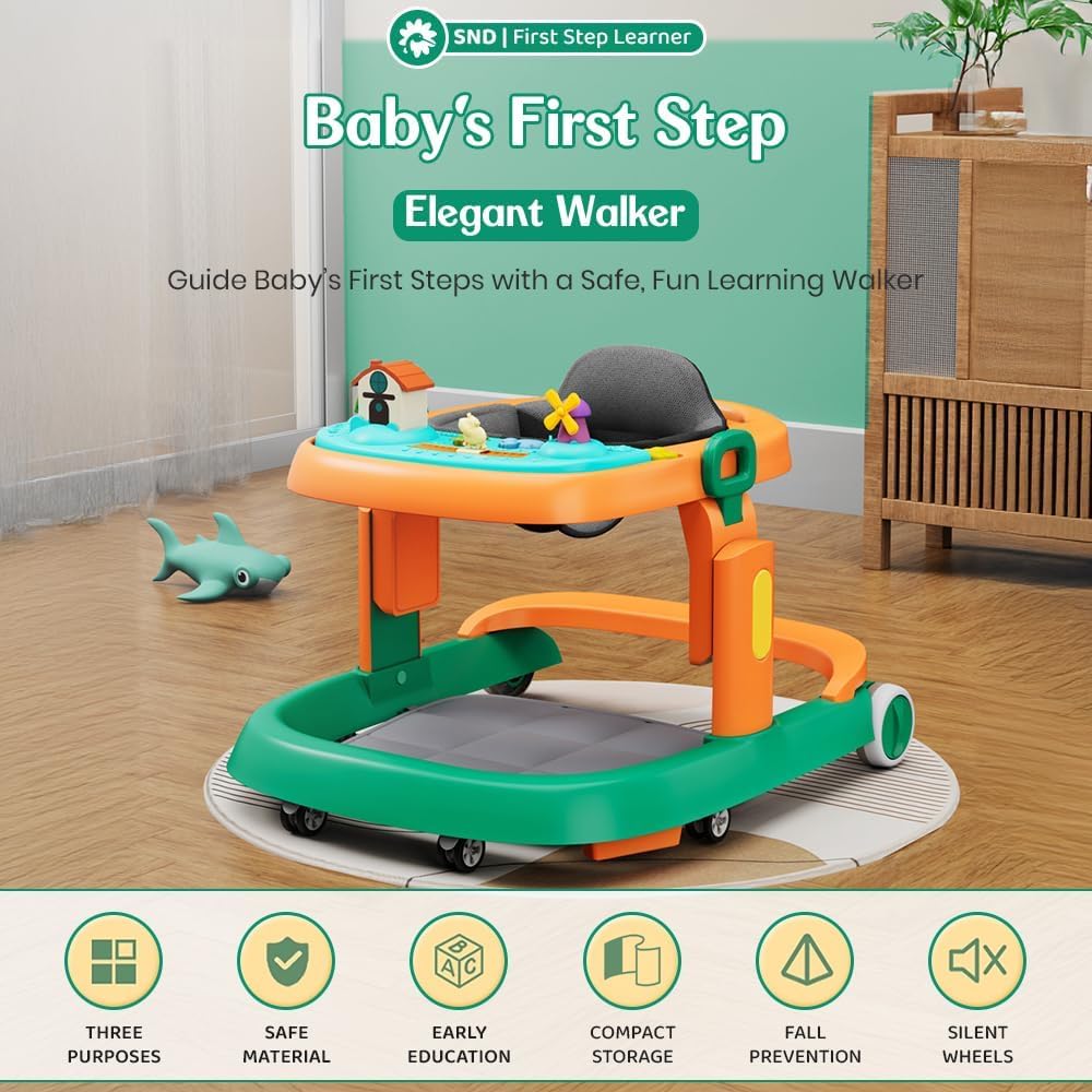 StarAndDaisy Elegant Baby Walker 6-18 months / Walker For Kids With Anti Fall Brake Pads,3 Speed Height Adjustment,Multi-Level Seat Adjustment,Recreational Music Toy Bar (Elegant Orange & Green)