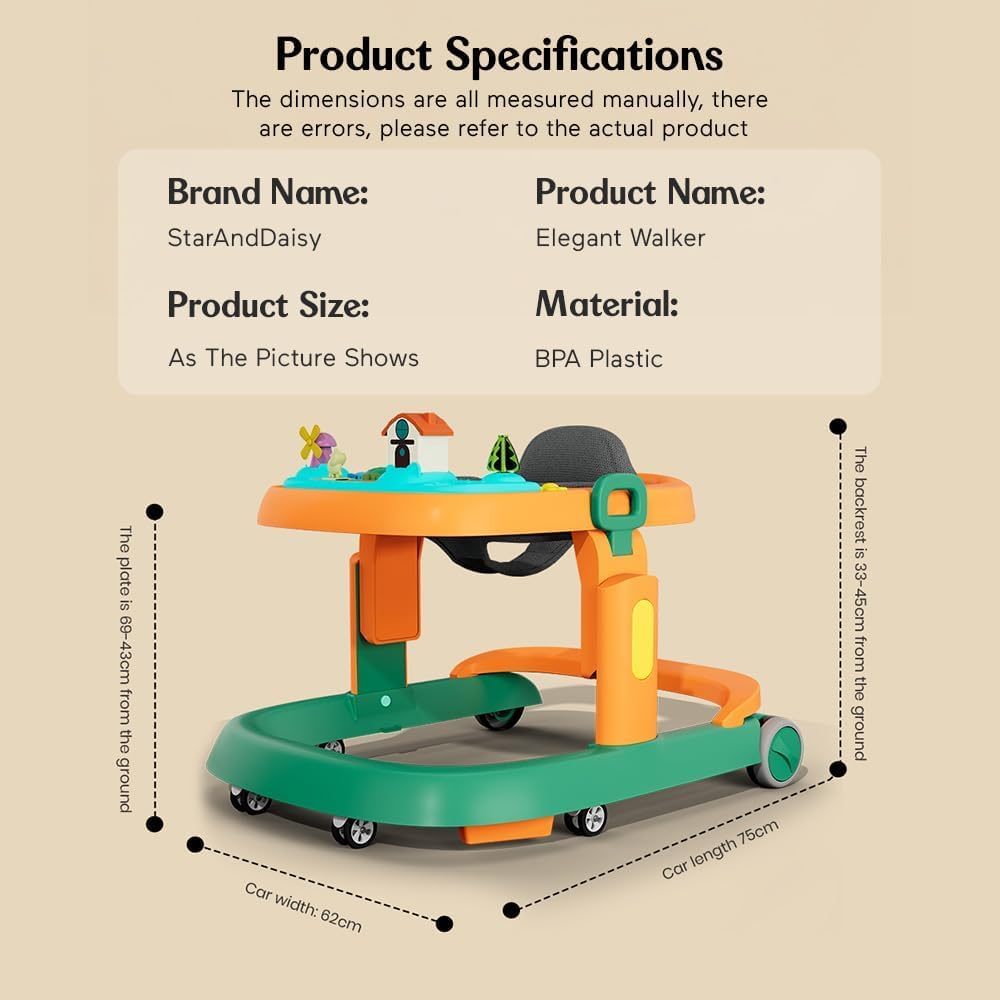 StarAndDaisy Elegant Baby Walker 6-18 months / Walker For Kids With Anti Fall Brake Pads,3 Speed Height Adjustment,Multi-Level Seat Adjustment,Recreational Music Toy Bar (Elegant Orange & Green)