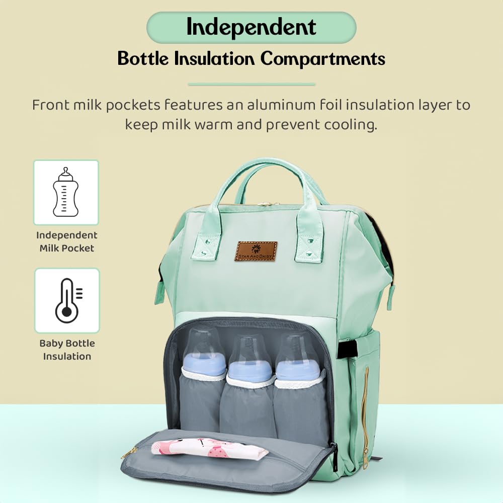 StarAndDaisy Diaper Bag for Mothers for Travel – 27L Lightweight Waterproof Leatherite Diaper Bag/Baby Bag for Mother Travel with 15 Multi-Purpose Pockets & Quick Access Diaper Pocket - Green