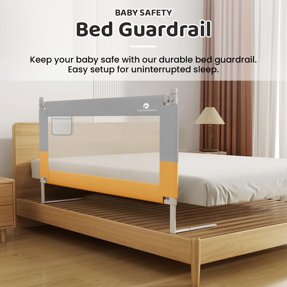 StarAndDaisy Alloy Steel Baby Bed Guard Rail with T- Body Support Frame, Adjustable Height/Portable Single Side Bed Rail for Infant & Toddler's Safety (Grey &Yellow-1.8 M)