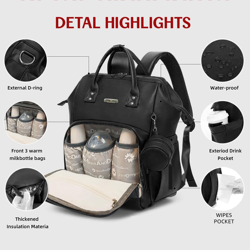 StarAndDaisy Diaper Bag for Mothers for Travel/Premium Vegan Leather Diaper Bag with Easy Acess Mobile Pocket, 26L Waterproof Baby Bag for Mother Travel with 16 Multipurpose Pockets
