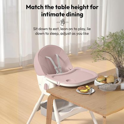 StarAndDaisy High Chair for Baby 6 Months to 5 Years/Adjustable Height Feeding Chair with 4 Reclining Seat Positions, Double Food Tray, Foldable Design & Wheels/High Chair for Baby - Pink