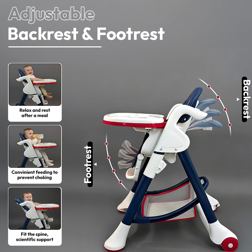 StarAndDaisy Premium Feeding Chairs 6 Months to 3 Year/ High Chair for Baby with Premium Leather Cushion / Baby Chair with 5 Level Seat & Foot Rest Adjustmnet, Height Adjustable, Detachble food Tray, One Click Foldable (Red & Blue)