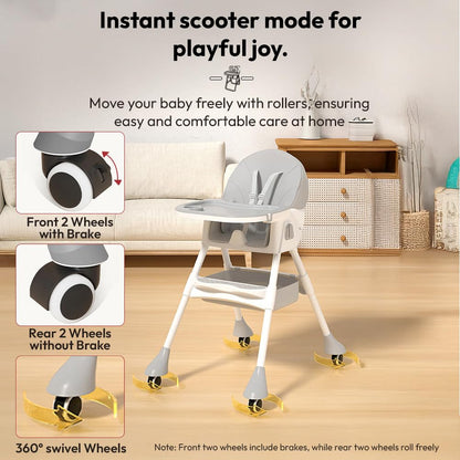 StarAndDaisy High Chair for Baby 6 Months to 5 Years/Adjustable Height Feeding Chair with 4 Reclining Seat Positions, Double Food Tray, Foldable Design & Wheels/High Chair for Baby - Grey