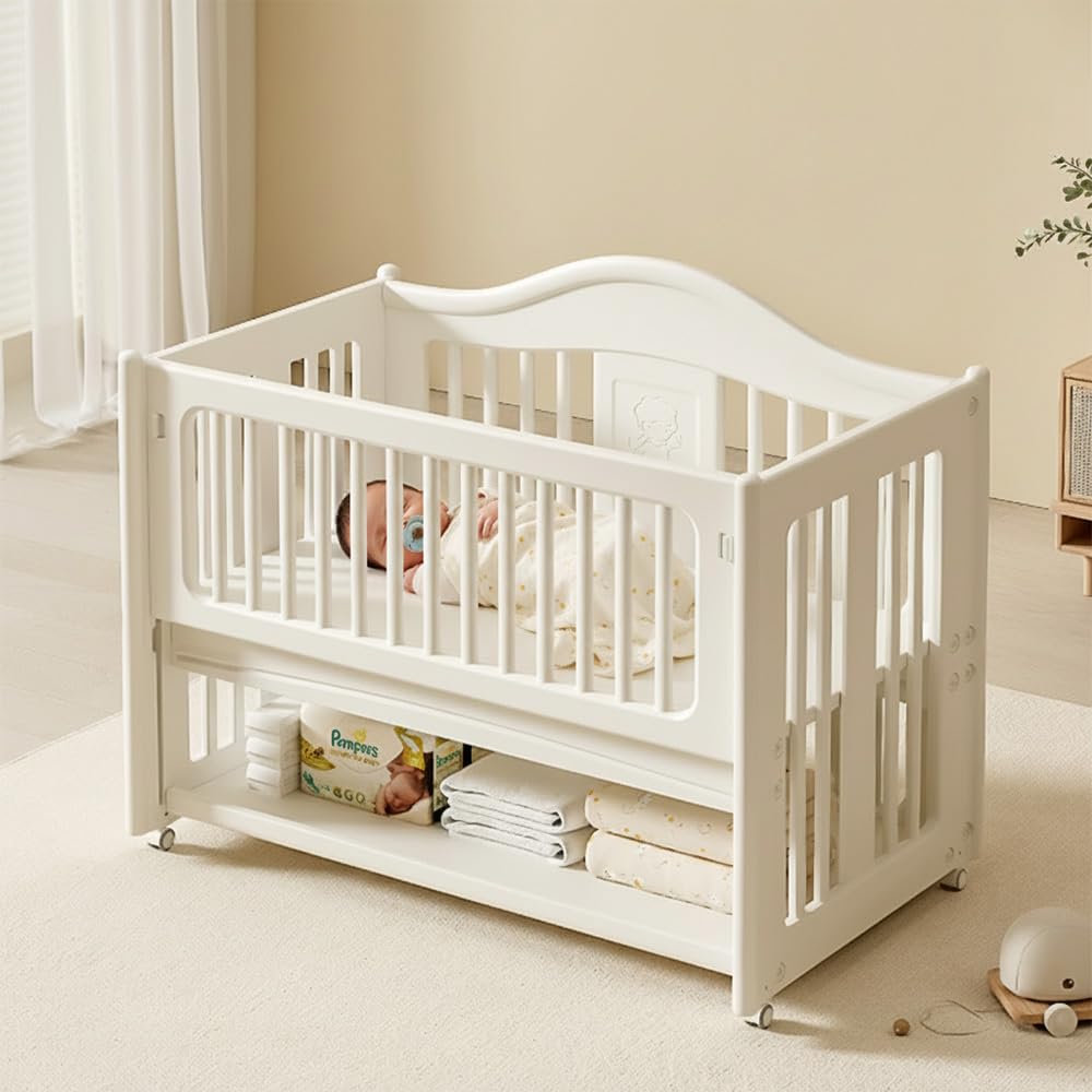 StarAndDaisy Baby Cot with Wheels / 150KG Heavy Duty PP Baby Crib/Waterproof & Termite Resistant/BPA-Free Newborn Baby Bed/Portable Infant Sleeping Cot -White