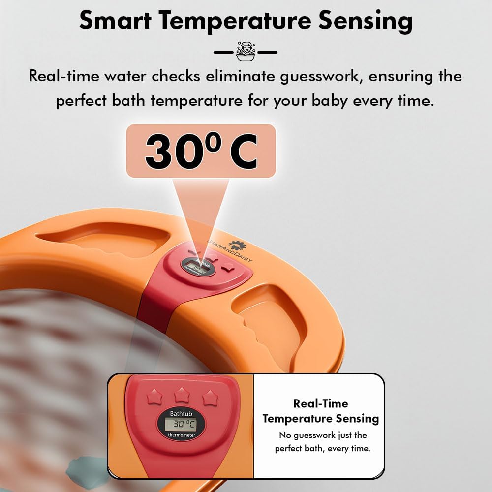 StarAndDaisy Baby Bath Tub for 0 to 5 Years/Bath Tub for Kids 0-3 Years/Infants Bathtub with Temperature Censor & Baby Bath Seat/Sling, Antislip Baby Bath Tub with Bath Chair (Orange & Red)