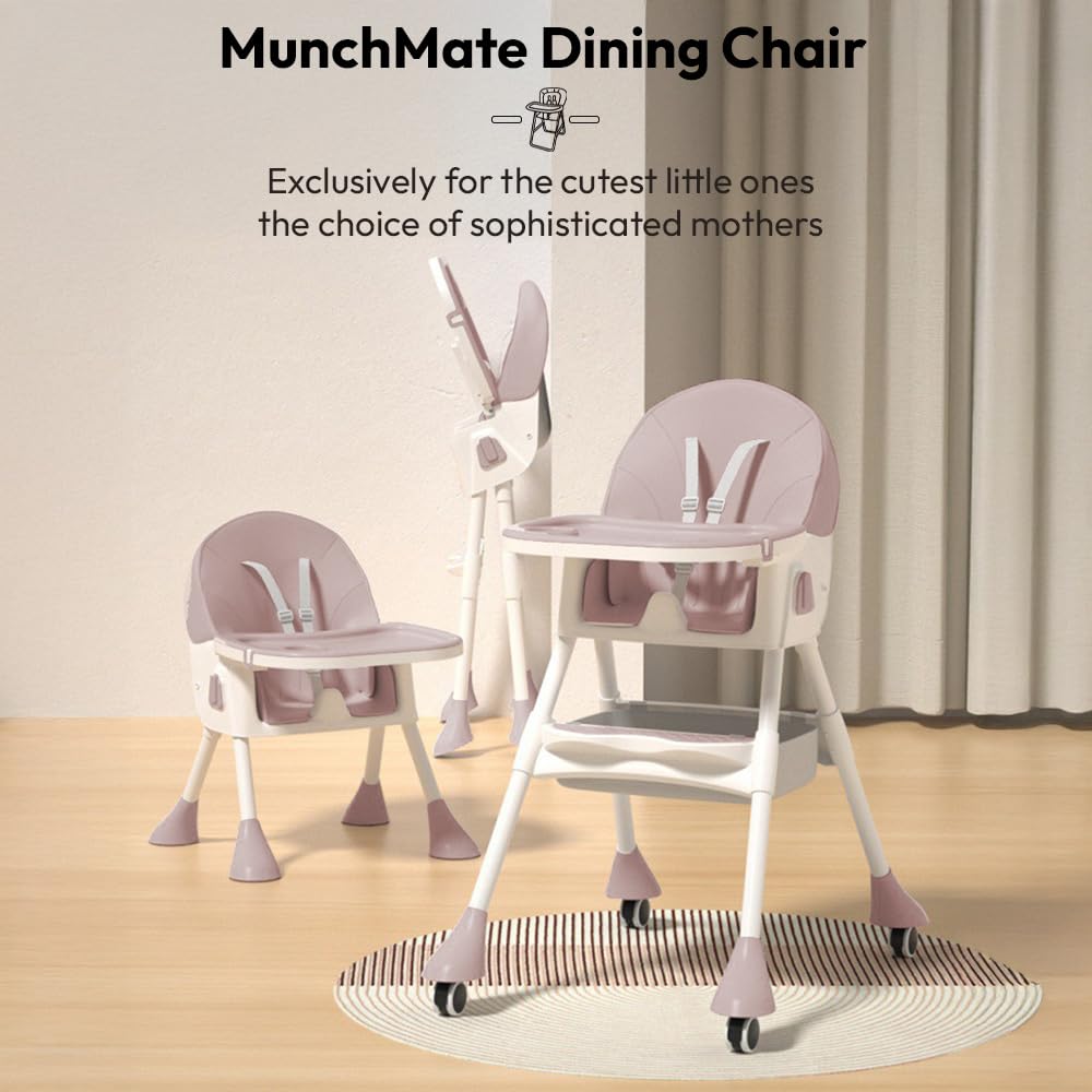 StarAndDaisy High Chair for Baby 6 Months to 5 Years/Adjustable Height Feeding Chair with 4 Reclining Seat Positions, Double Food Tray, Foldable Design & Wheels/High Chair for Baby - Pink