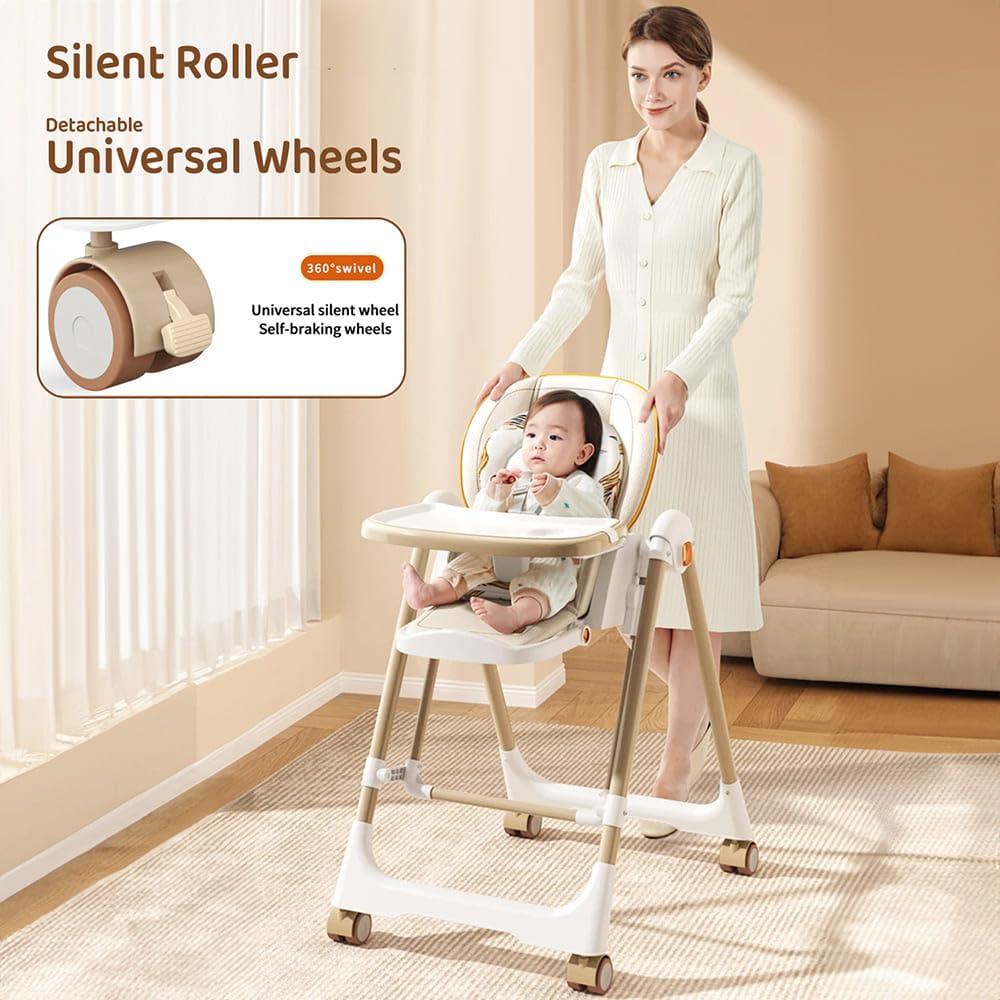 StarAndDaisy Galaxy 2 in1 Rocking Baby High Chair for Boys and Girls Dining Chair 4 Level Reclining Position, Adjustable Height, Locking Wheels, 5 Point Safety Belt (Brown)