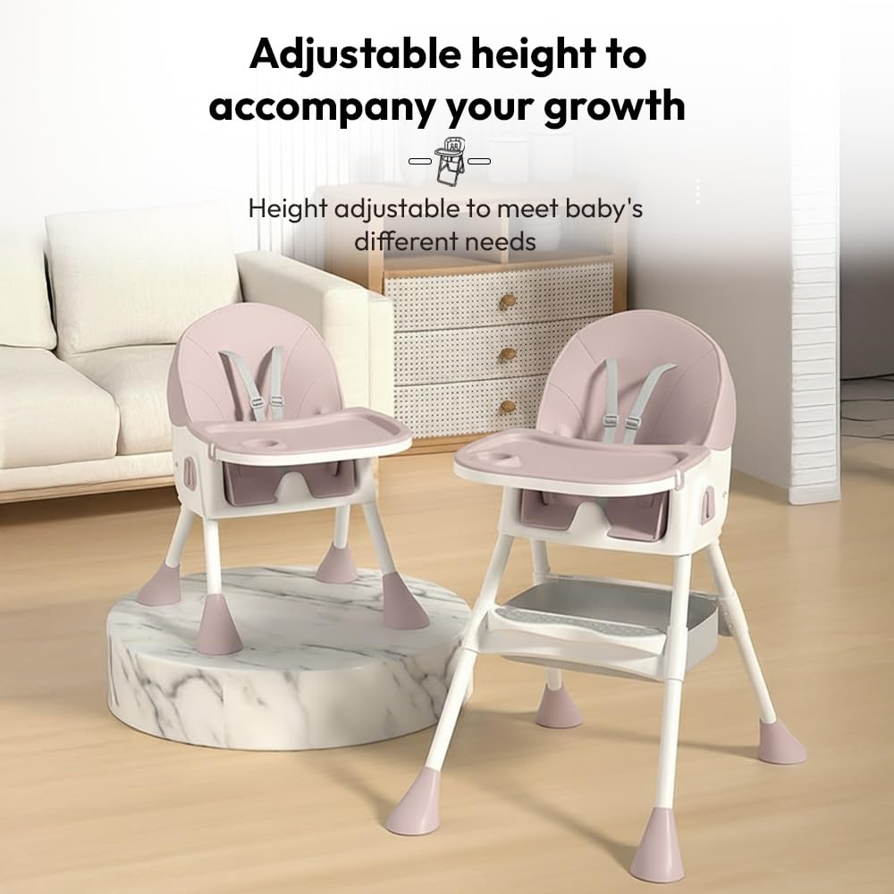 StarAndDaisy High Chair for Baby 6 Months to 5 Years/Adjustable Height Feeding Chair with 4 Reclining Seat Positions, Double Food Tray, Foldable Design & Wheels/High Chair for Baby - Pink