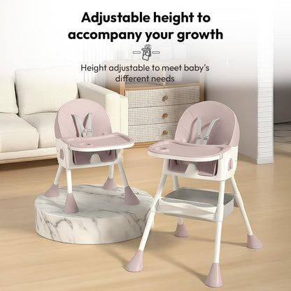 StarAndDaisy High Chair for Baby 6 Months to 5 Years/Adjustable Height Feeding Chair with 4 Reclining Seat Positions, Double Food Tray, Foldable Design & Wheels/High Chair for Baby - Pink