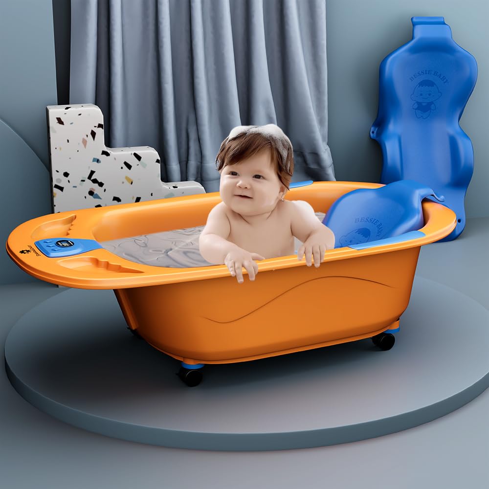 StarAndDaisy Baby Bath Tub for 0 to 5 Years/Bath Tub for Kids 0-3 Years/Infants Bathtub with Temperature Censor & Baby Bath Seat/Sling, Antislip Baby Bath Tub with Bath Chair (Orange-Blue)