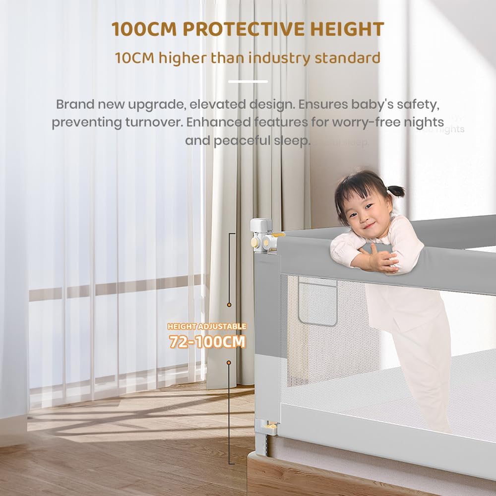 StarAndDaisy Alloy Steel Baby Bed Guard Rail with T-Body Support Frame/Adjustable Height, and Portable Single-Side Design for Infant and Toddler Safety - (Grey & White-1.8 M)