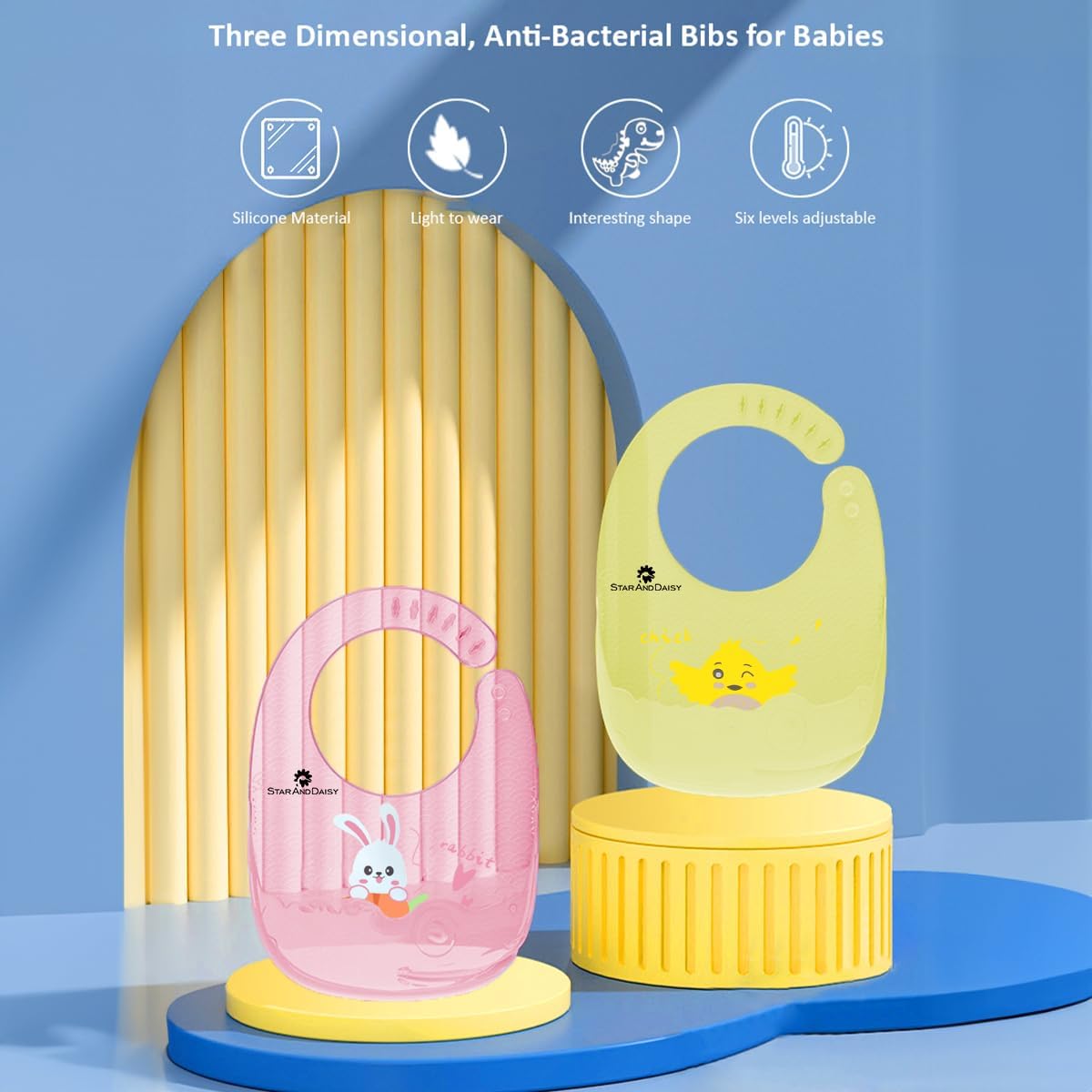 StarAndDaisy Reusable Silicone Baby Bib with Adjustable Buttons for Mess-Free Feeding, Weaning, and Easy Cleaning and Waterproof. (Printed-Yellow Blue)