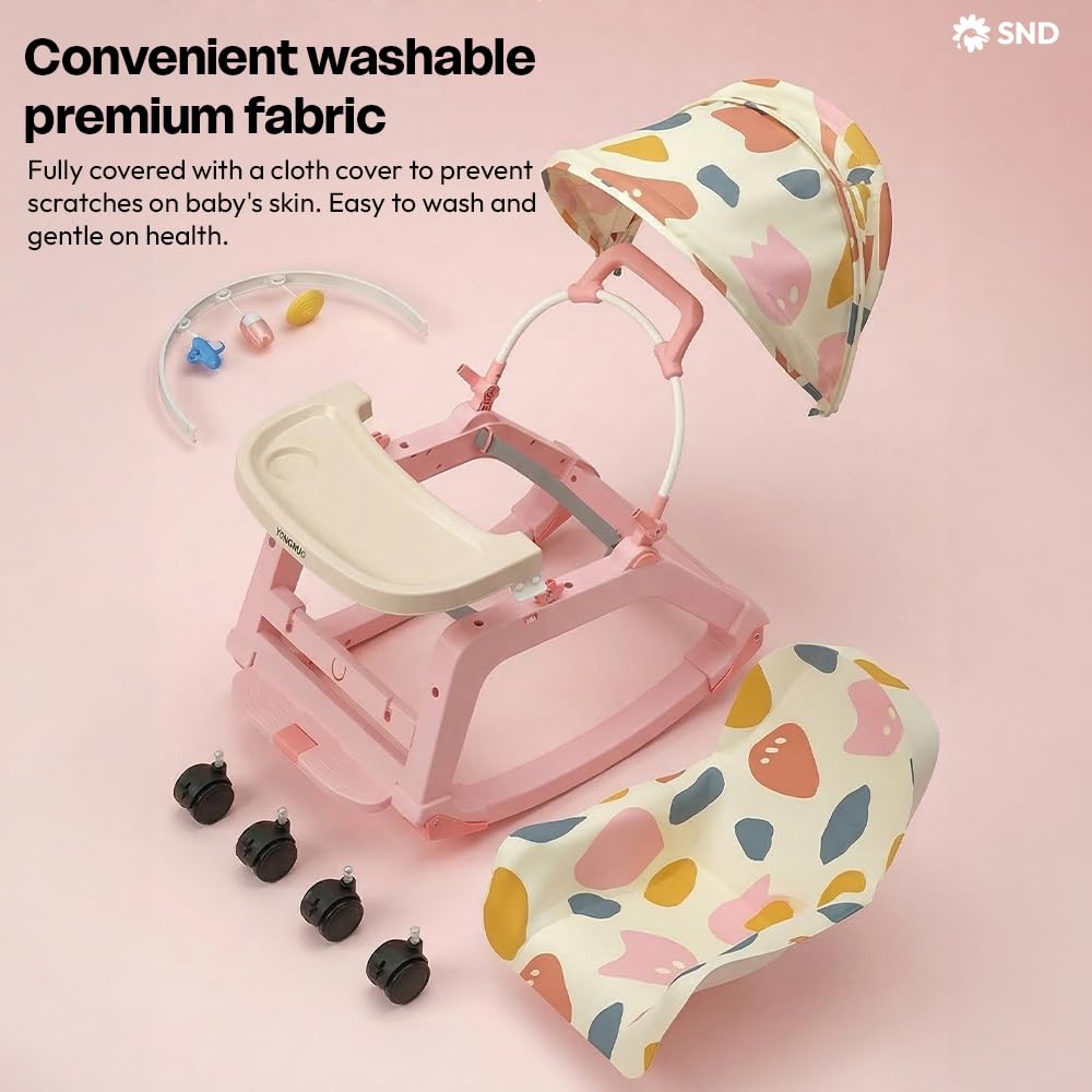 StarAndDaisy 5-in-1 Baby Rockers for 0 to 2 Years, Baby Multi Functional Rocker chair for Babies, Infants & Toddler with Removable Mattress, Swing & Bouncer/Cradle with adjustale Canopy & hanging toys - Pink