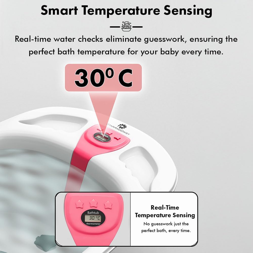 StarAndDaisy Baby Bath Tub for 0 to 5 Years/Bath Tub for Kids 0-3 Years/Infants Bathtub with Temperature Censor & Baby Bath Seat/Chair, Antislip Baby Bath Tub with Bath Sling-Pink