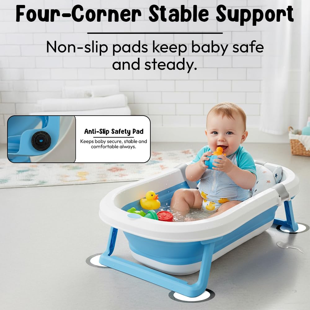 StarAndDaisy Bath Tub for Baby 0-3 Years/Foldable Bath tub for Kids with Cushion, Space Saving Design, Newborn Baby Folding Bathing Tub Girls & Boys, Easy to Store (Blue)