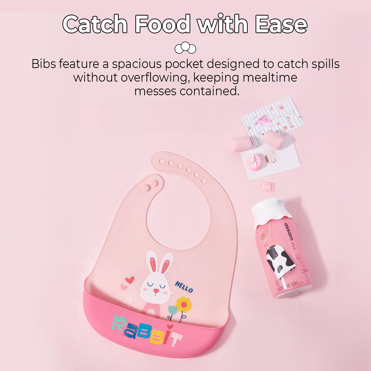 StarAndDaisy Reusable Silicone Bib for Baby with Adjustable Buttons for Mess-Free Feeding, Weaning, and Easy Cleaning and Waterproof. (Printed-Rabbit-Pink)