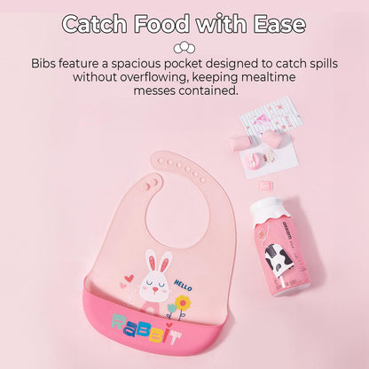 StarAndDaisy Reusable Silicone Bib for Baby with Adjustable Buttons for Mess-Free Feeding, Weaning, and Easy Cleaning and Waterproof. (Printed-Rabbit-Pink)