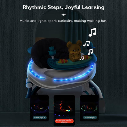 StarAndDaisy 360° Baby Walker 6-24 Months / 7 Level Height Adjustment Walker for Kids Boy and Girl with Intergrated RGB Lights, Switchable Food & Musical Toy Tray/Premium Baby Activity Walker with Parent Rod-Blue