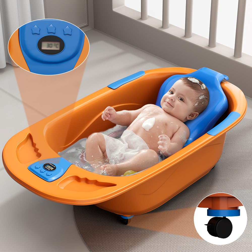 StarAndDaisy Baby Bath Tub for 0 to 5 Years/Bath Tub for Kids 0-3 Years/Infants Bathtub with Temperature Censor & Baby Bath Seat/Sling, Antislip Baby Bath Tub with Bath Chair (Orange-Blue)