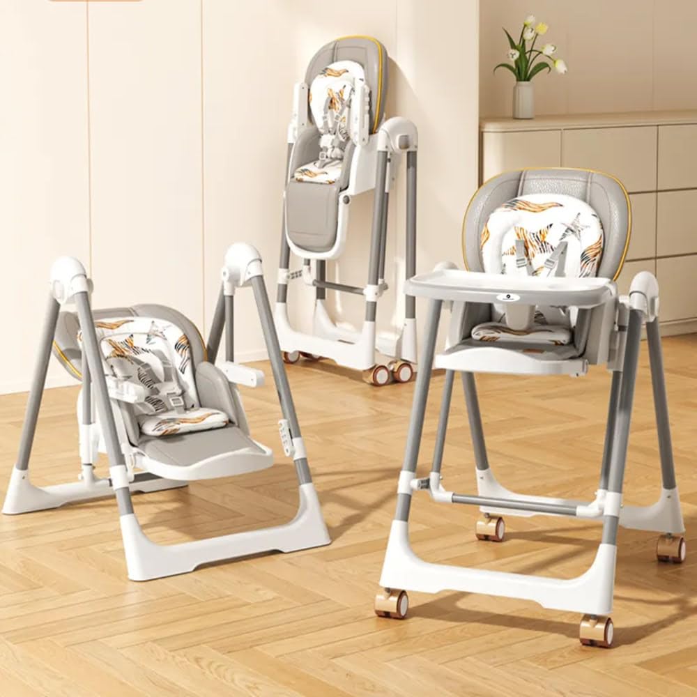 StarAndDaisy Galaxy 2 in1 Rocking Baby High Chair for Boys and Girls Dining Chair 4 Level Reclining Position, Adjustable Height, Locking Wheels, 5 Point Safety Belt (Grey)