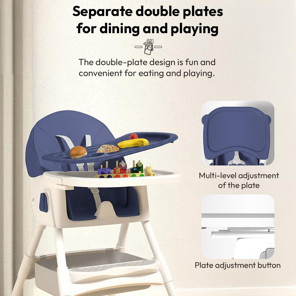 StarAndDaisy High Chair for Baby 6 Months to 5 Years/Adjustable Height Feeding Chair with 4 Reclining Seat Positions, Double Food Tray, Foldable Design & Wheels/High Chair for Baby (Blue)